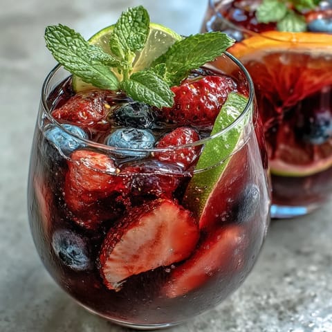 Vibrant Iced Hibiscus Berry Tea bursting with fresh fruit and mint.