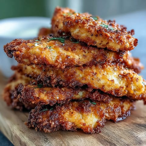 Golden, extra crispy pickle brine chicken tenders piled high with dipping sauce.