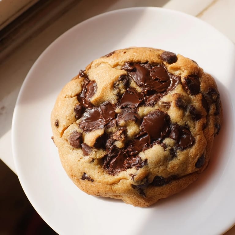 Warm, melty semi-sweet chocolate chips dot the perfectly textured chocolate chip cookies on this plate.