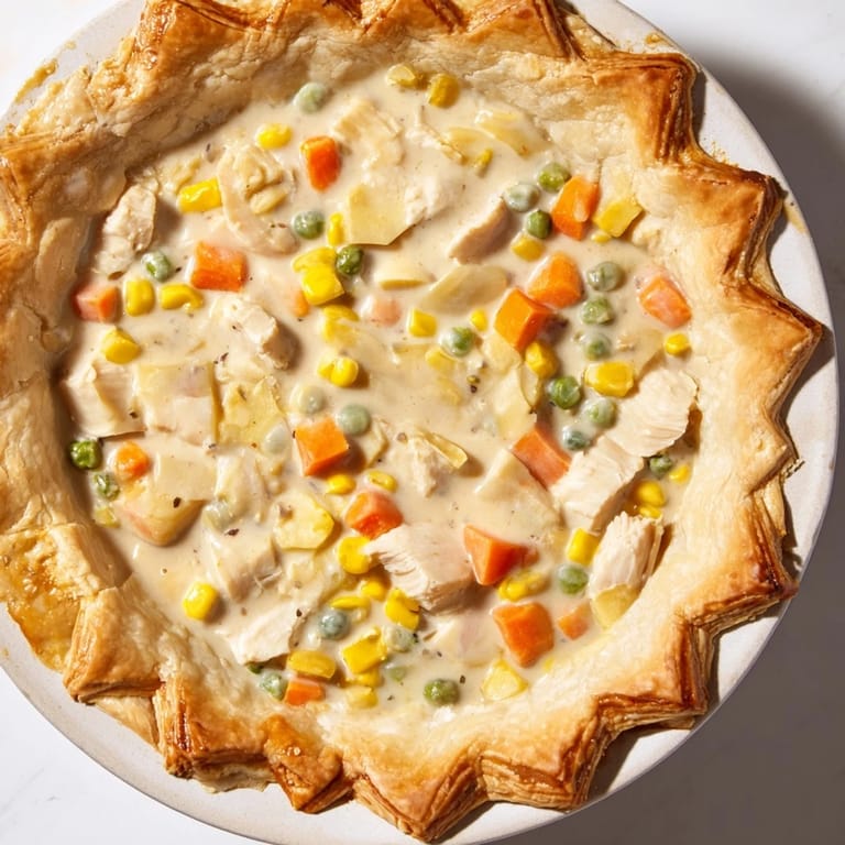 This creamy chicken pot pie features tender chicken and vegetables, perfect for a cozy dinner.