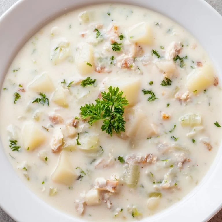 Enjoy a comforting serving of Clam Chowder with crusty bread, perfect for a cold day.