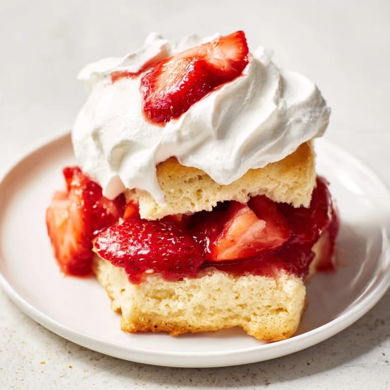 Homemade strawberry shortcake with golden biscuits and vibrant red strawberry filling, ready to eat.