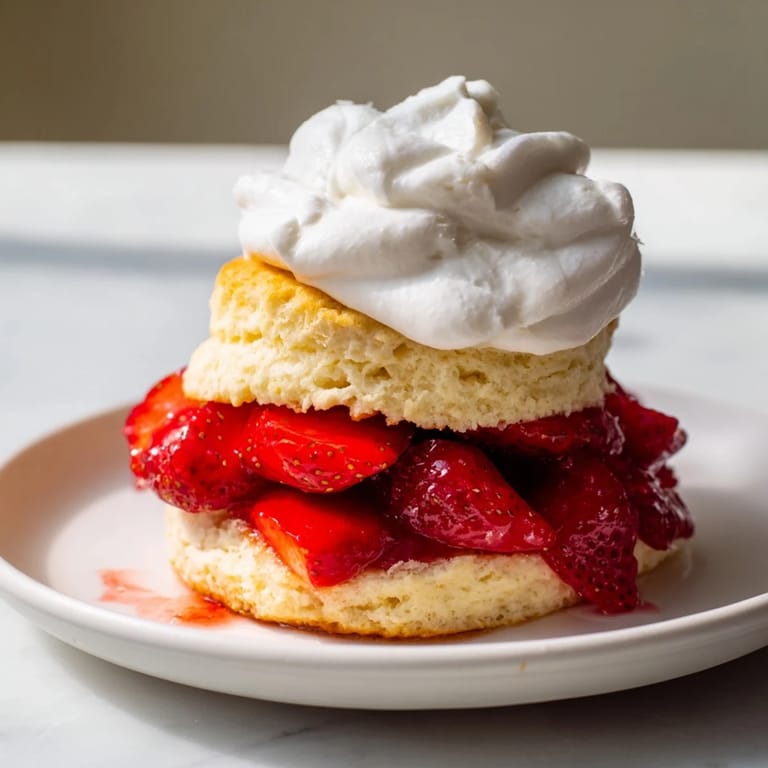 A beautiful serving of strawberry shortcake, a classic American dessert bursting with summer flavors and texture.