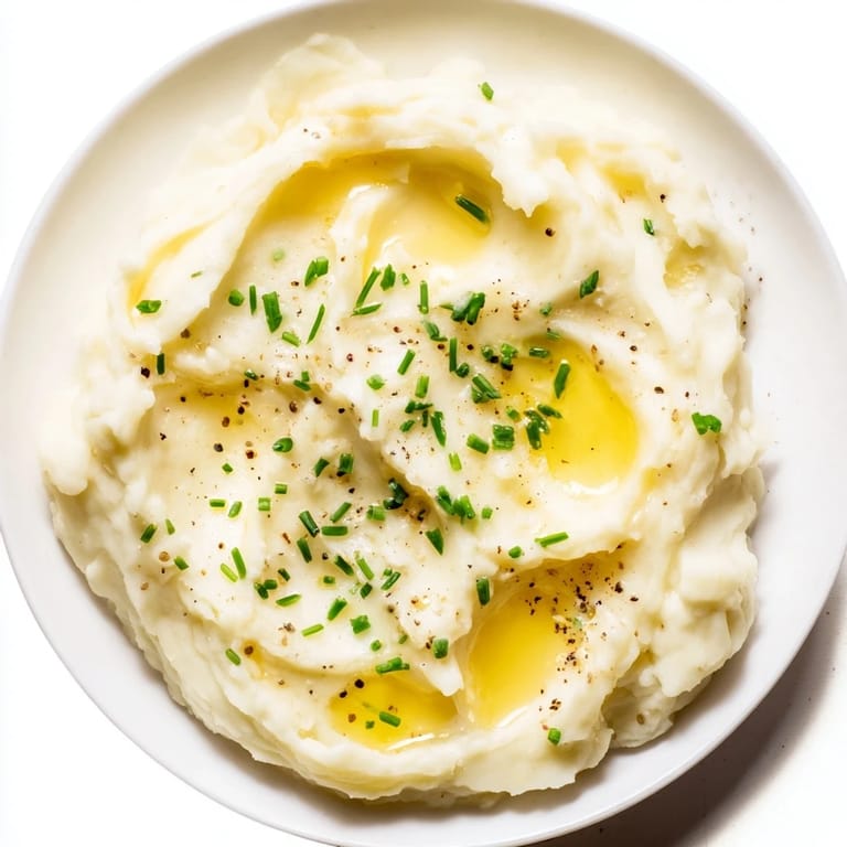 Buttery mashed potatoes, a classic American side, invitingly light and perfectly seasoned for serving.
