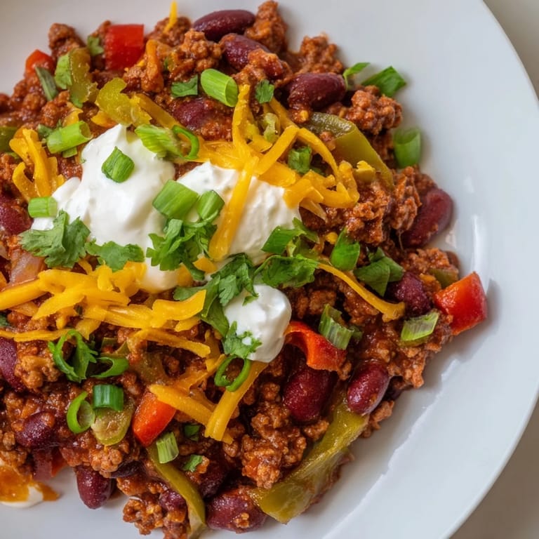 Hearty Chili con Carne served in a bowl, a mix of textures and aromas, perfect for a cozy dinner.