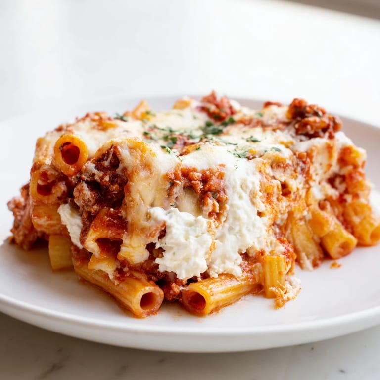 The flavorful Italian-American Baked Ziti, a comforting casserole with melted cheese and rich tomato sauce.