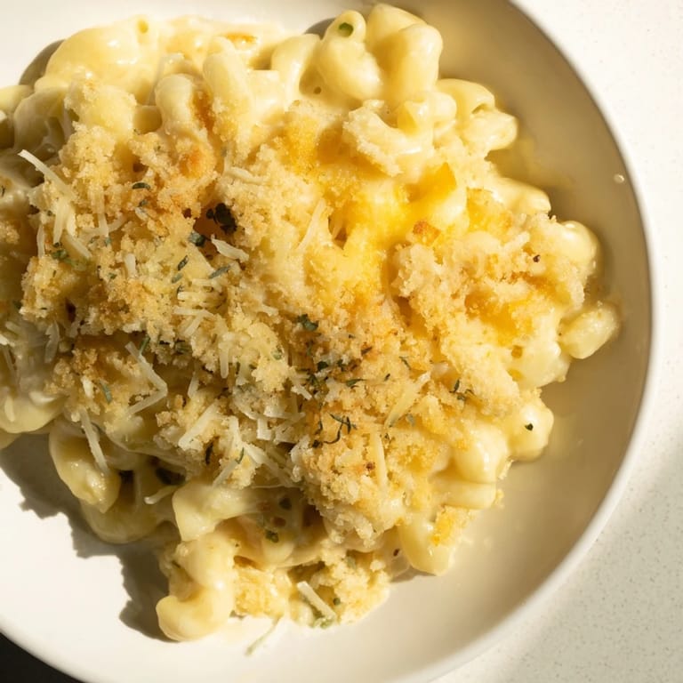 Warm, comforting macaroni and cheese, the perfect American comfort food, bubbling and cheesy in its dish.