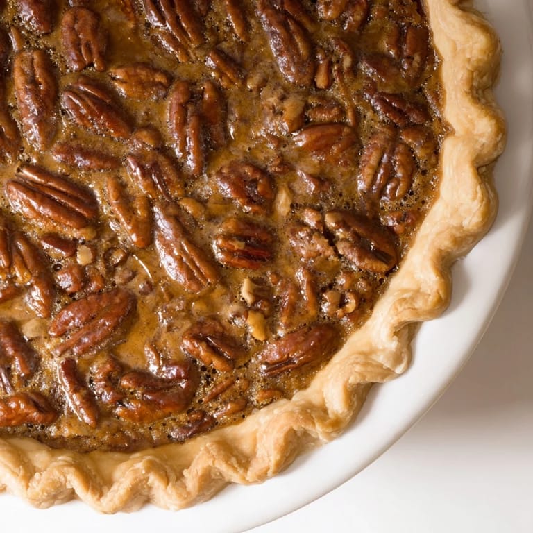 Warm, freshly baked Pecan Pie with a rich, caramel-like filling and crunchy nuts.