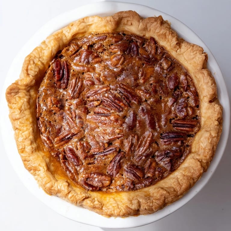 Slice of decadent Pecan Pie, ready to be served, a Southern comfort food favorite.
