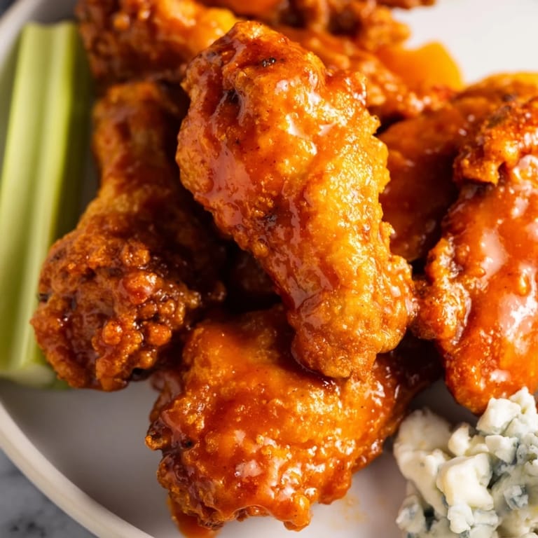 A pile of vibrant Buffalo wings, tossed in a rich sauce, ready to serve with dippings and sides.
