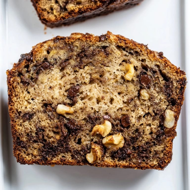 Close-up of moist banana bread slices showcasing the perfect texture and walnut topping.