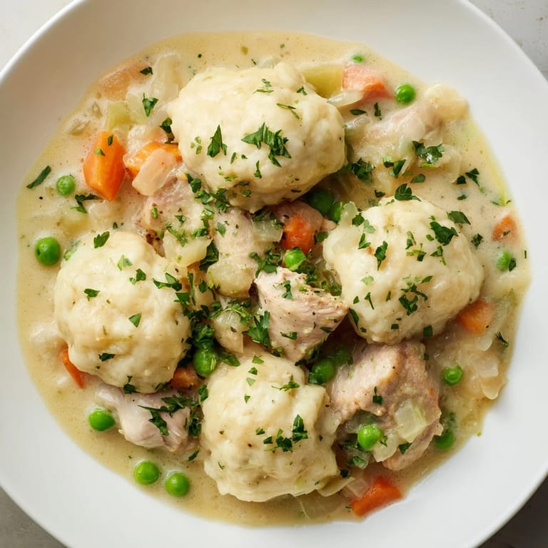 Close-up of a steaming bowl of chicken and dumplings, garnished with fresh parsley and delicious.
