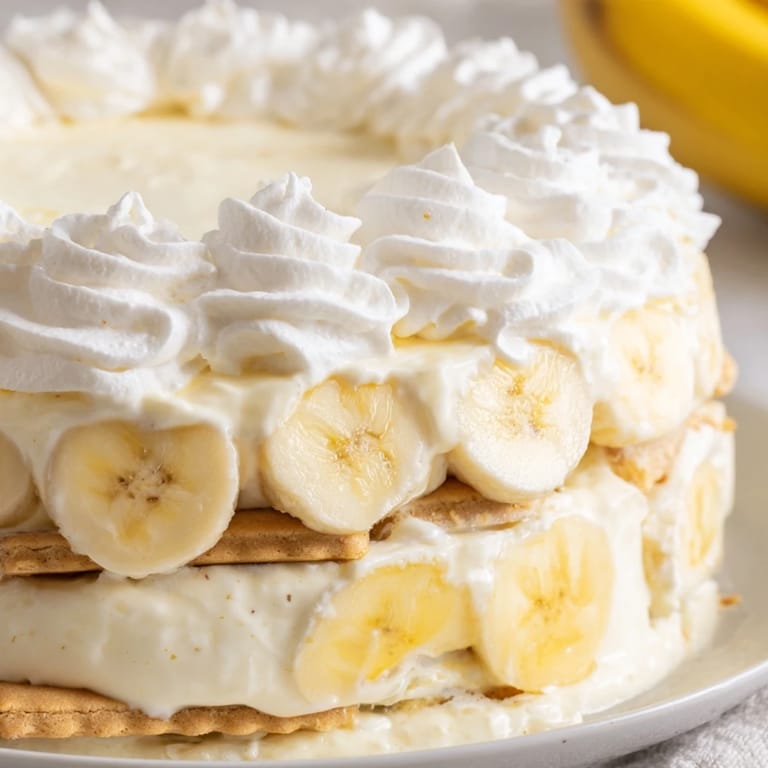Delicious homemade banana pudding, featuring a smooth, creamy custard base and whipped cream.