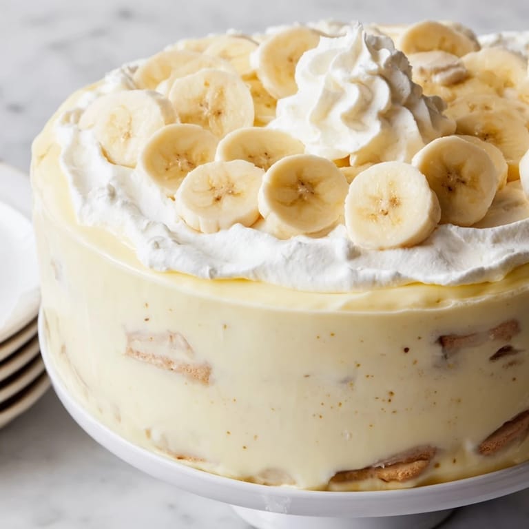 Classic Southern-style banana pudding boasting layers of vanilla wafers, bananas, and a sweet, creamy texture.