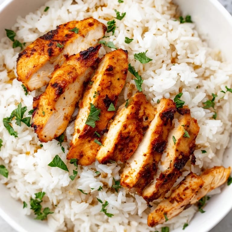 Garlic Butter Rice with Chicken plated for a family dinner with lemon wedges and fresh parsley garnish over fluffy rice.