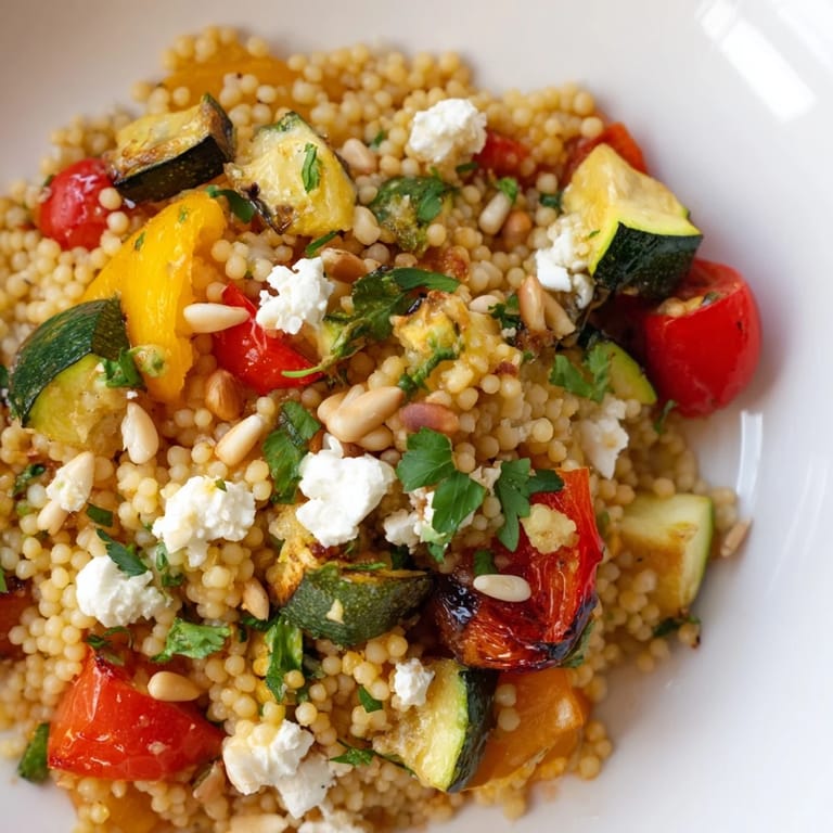 Warm Roasted Veggie Couscous Salad topped with crumbled feta and fresh mint, ready to serve as a light main.