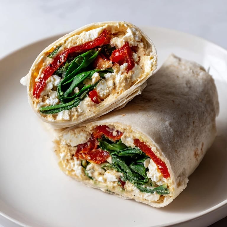 Ready-to-eat Mediterranean Veggie Wrap served with a lemon wedge, showcasing crisp spinach and colorful vegetables inside a tortilla.