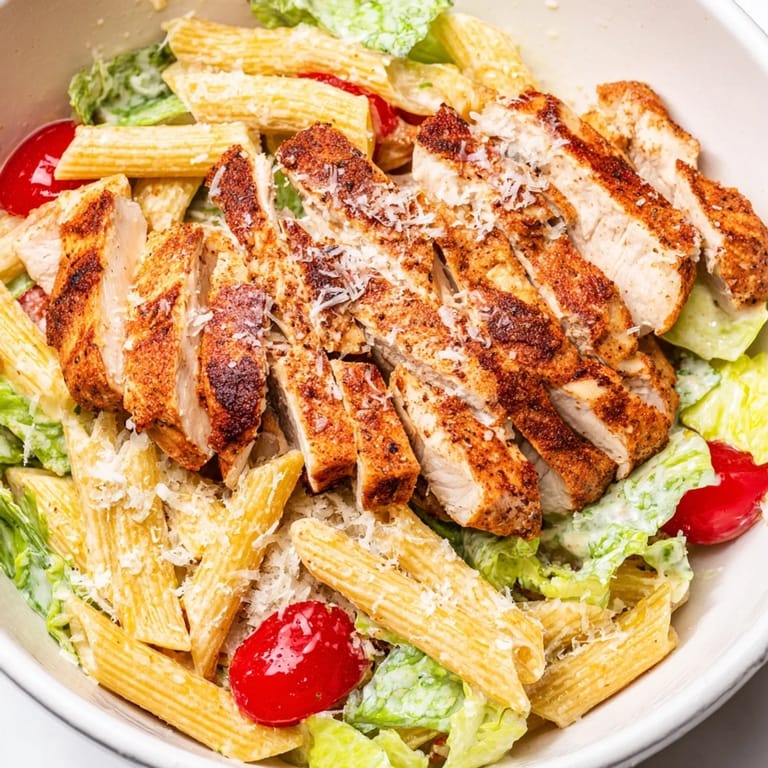 Spicy Chicken Caesar Pasta garnished with parmesan and croutons, served on a wooden table for a hearty meal.