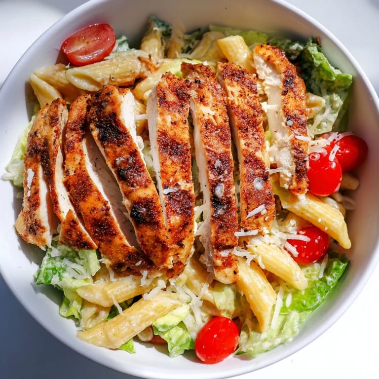 Close-up of Spicy Chicken Caesar Pasta, mixing pasta, cherry tomatoes, and spicy grilled chicken in a creamy dressing.