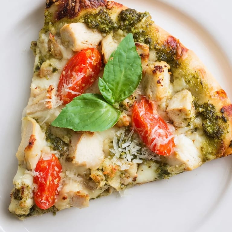A bubbling, fresh-baked Chicken Pesto Pizza featuring tender herb chicken and vibrant green pesto sauce.  