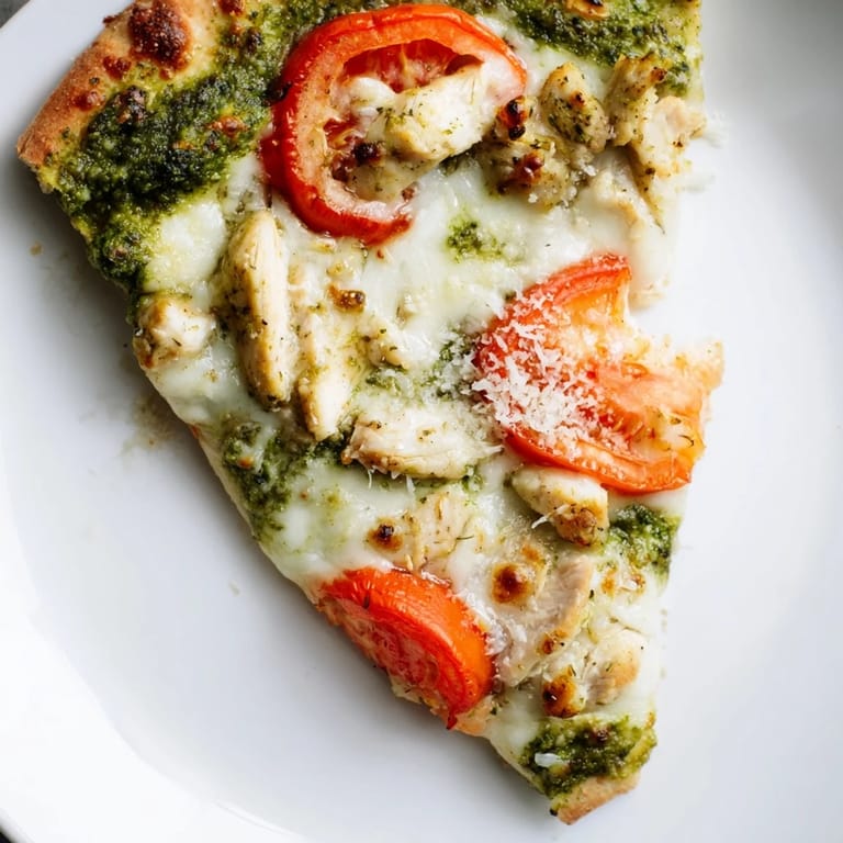 Slice of Chicken Pesto Pizza on a white plate with a side salad, perfect for an easy weeknight dinner.
