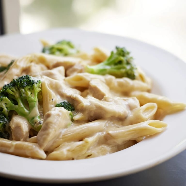 A hearty skillet of Chicken Broccoli Cheddar Pasta is garnished with parsley, showcasing juicy chicken, al dente pasta, and rich cheddar cheese sauce.