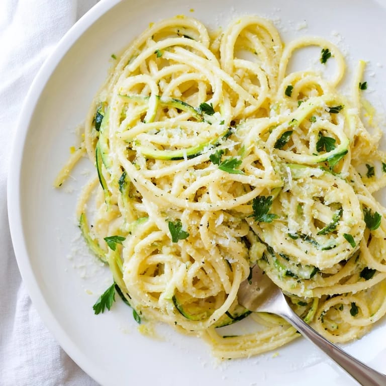 Plated Lemon Zucchini Pasta topped with grated Parmesan and parsley, steaming beside a wine glass on a rustic wooden table.