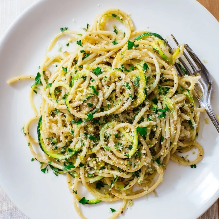 A skillet of freshly tossed Lemon Zucchini Pasta with golden garlic butter, zucchini ribbons, and a bright squeeze of lemon.