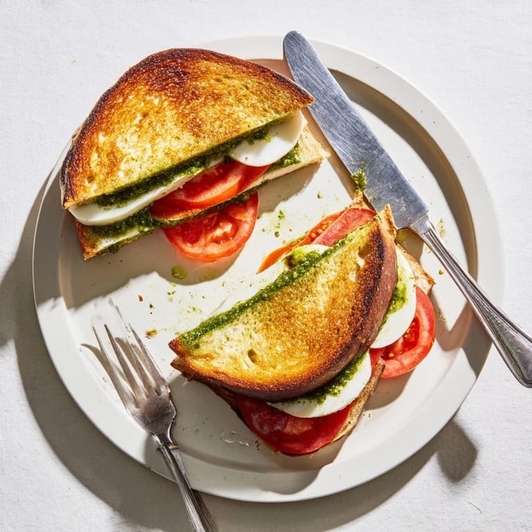 Caprese Pesto Grilled Cheese sandwich cut in half, revealing gooey mozzarella and vibrant tomato layers on a rustic plate.