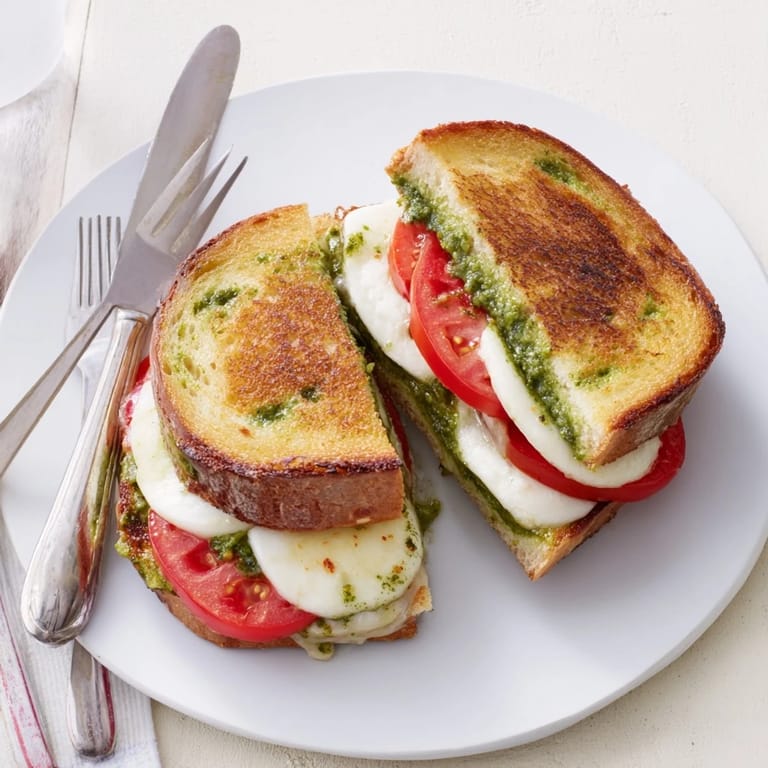 Fresh basil garnish and melted cheese in a Caprese Pesto Grilled Cheese, perfect for a quick vegetarian lunch.