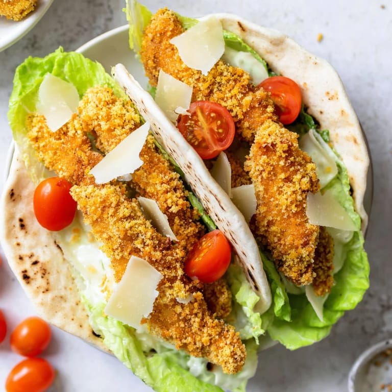 Handheld Crispy Chicken Caesar Pita filled with crunchy romaine, shaved Parmesan, and juicy tomato halves.