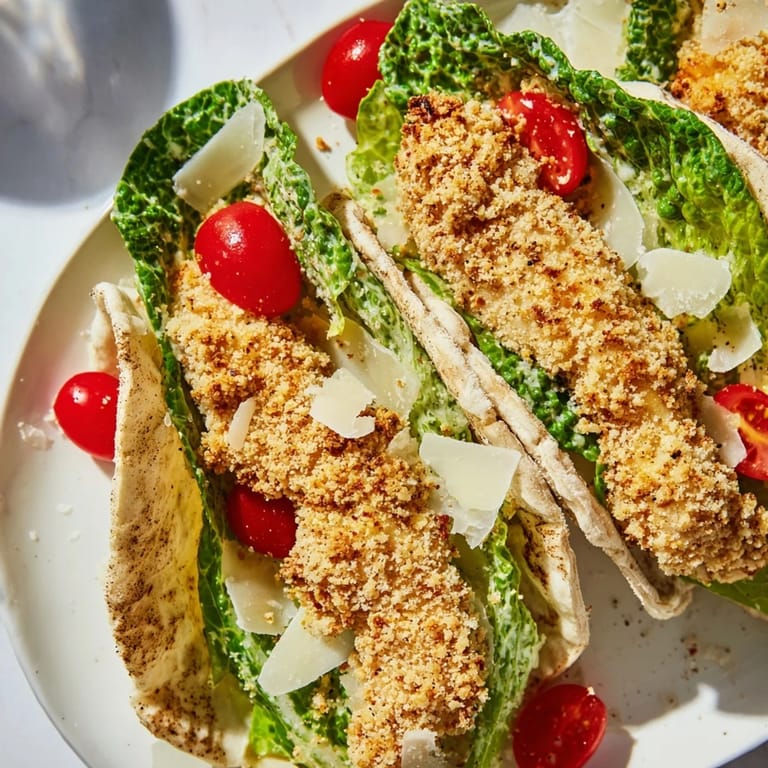 Crispy Chicken Caesar Pita with Parmesan, fresh lettuce, and a drizzle of creamy dressing.  
