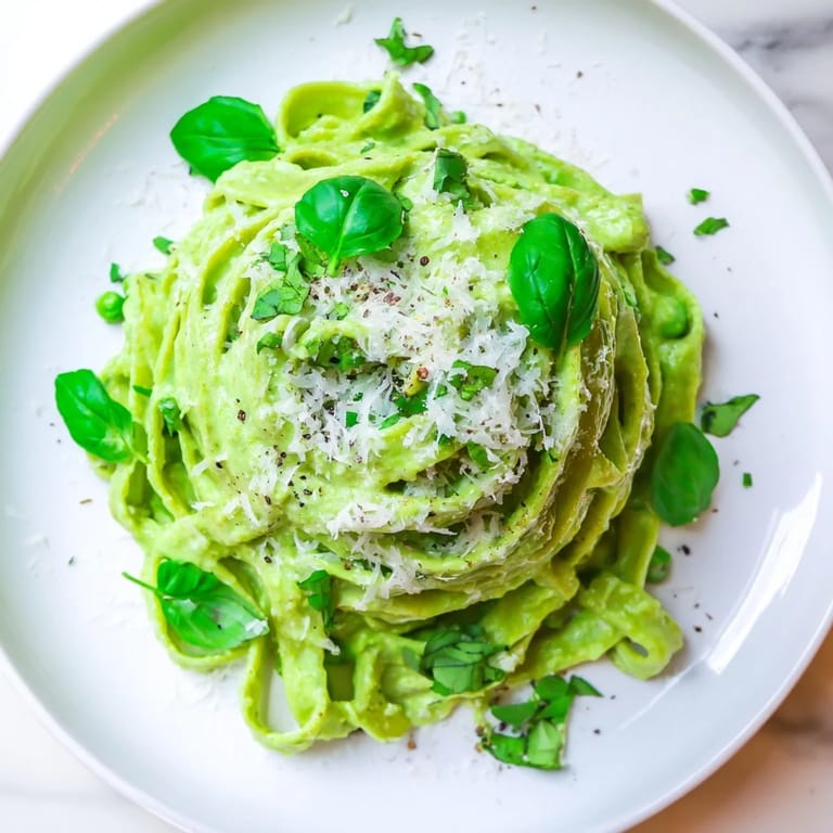 A close-up of creamy green pea Alfredo pasta in a white bowl, showcasing the rich, emerald sauce and herbs.