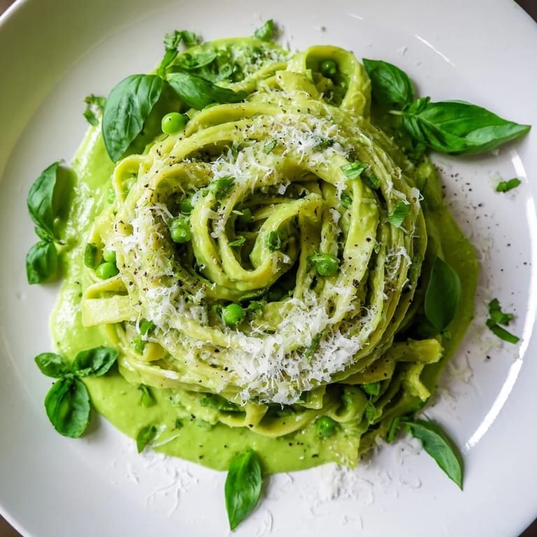 A serving of vegetarian green pea Alfredo with sautéed garlic and lemon, perfect for a quick weeknight dinner.