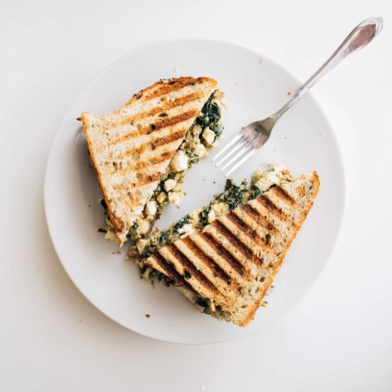 Two halves of Feta & Spinach Stuffed Grilled Cheese revealing a vibrant green spinach filling.