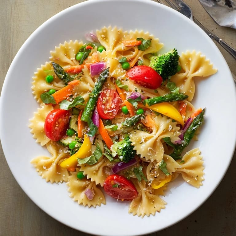 A close-up of fresh Rainbow Veggie Pasta Primavera showcases crisp asparagus and carrots, garnished with parsley and a light lemony dressing.  