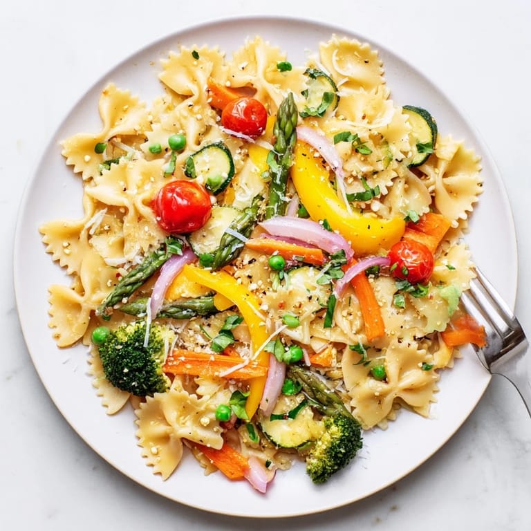 Serving suggestion for Rainbow Veggie Pasta Primavera: a colorful skillet meal with peas, bell peppers, and herbs, perfect for a healthy spring dinner.