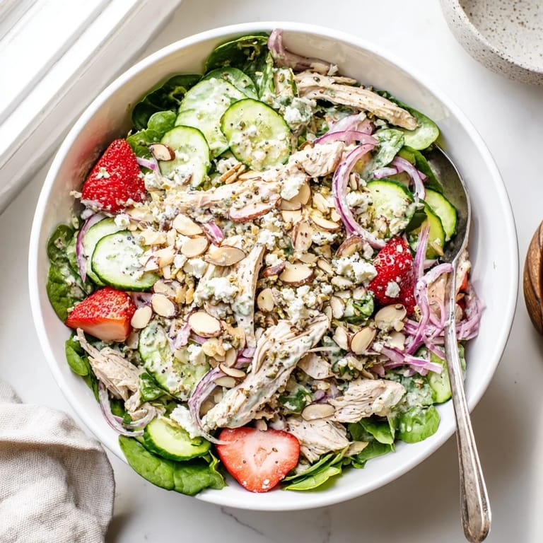 Healthy and colorful Strawberry Poppy Seed Chicken Salad served with tender chicken, juicy berries, and crunchy nuts, perfect for a summer main course.