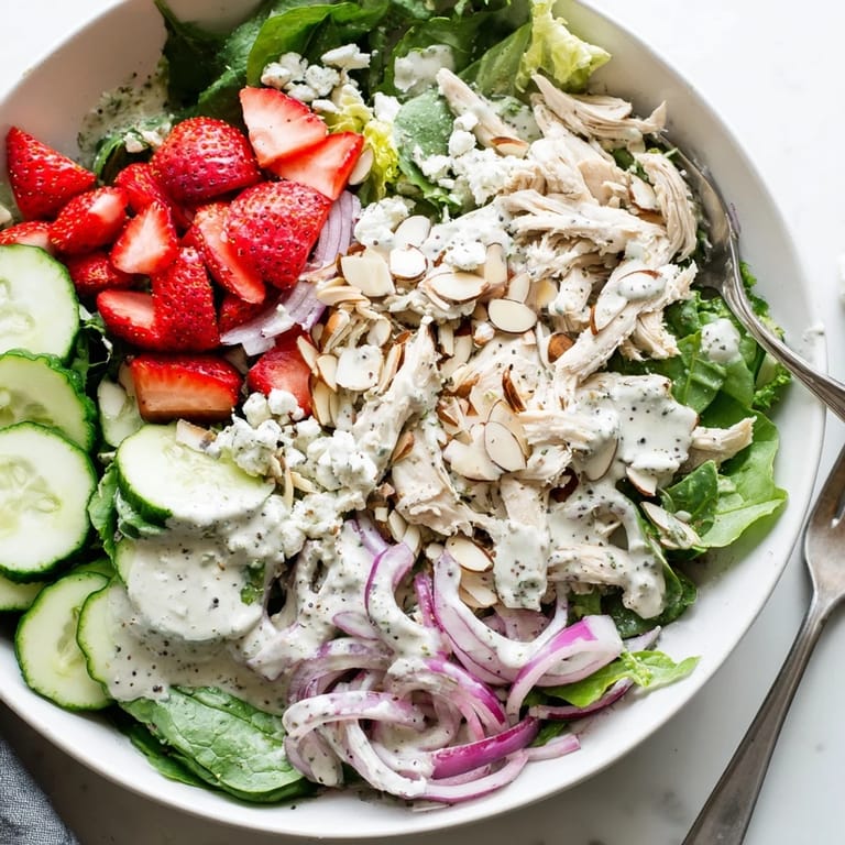 A vibrant Strawberry Poppy Seed Chicken Salad with mixed greens, tangy feta, toasted almonds, and a drizzle of homemade poppy seed dressing.