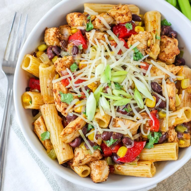Tex-Mex Crispy Chicken Burrito Pasta in a skillet, garnished with a dollop of sour cream and vibrant red bell peppers.