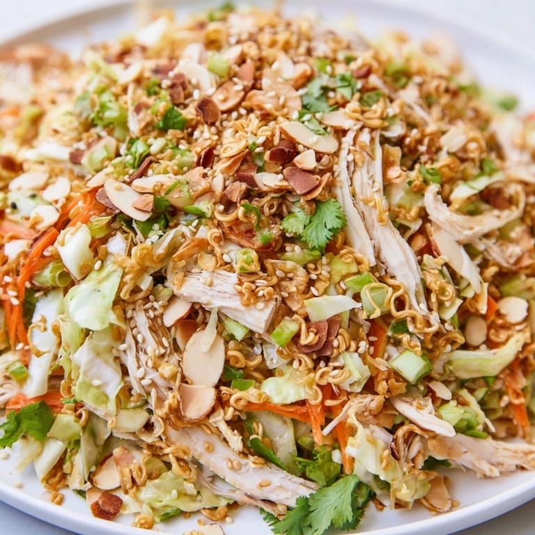 Overhead view of Crunchy Ramen Chicken Salad, perfect for a quick lunch or potluck, with fresh cilantro, scallions, and sesame seeds adding bright flavor and texture.  