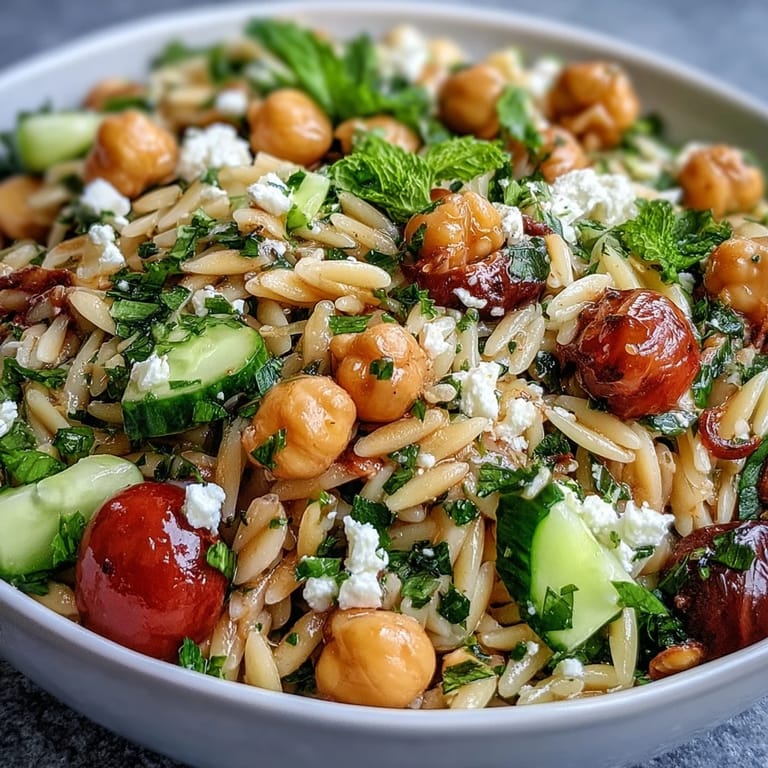 Fresh Lemony Chickpea Orzo Salad, piled high with zesty, herb-infused Mediterranean flavors.
