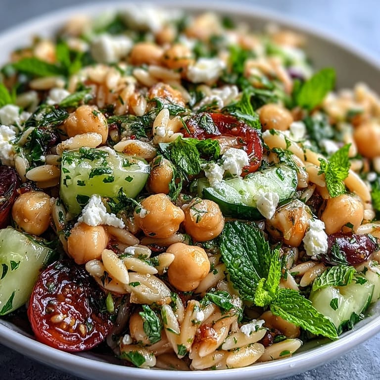 Colorful bowl overflowing with Lemony Chickpea Orzo Salad, perfect for summer picnics.