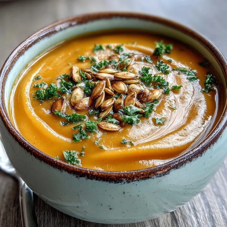 A warm bowl of butternut squash and apple soup, topped with pumpkin seeds and fresh parsley.