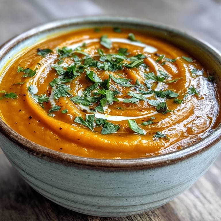 Serving suggestion for Carrot Ginger Soup, ladled into a white ceramic bowl and garnished with fresh coriander.