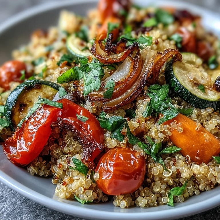 In a white bowl, Quinoa Vegetable Pilaf is garnished with fresh parsley and mint, ready to serve as a healthy main or side dish.