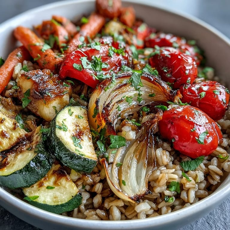 Overhead view of Farro With Roasted Vegetables on a rustic plate, drizzled with balsamic glaze and topped with optional crumbled feta cheese.