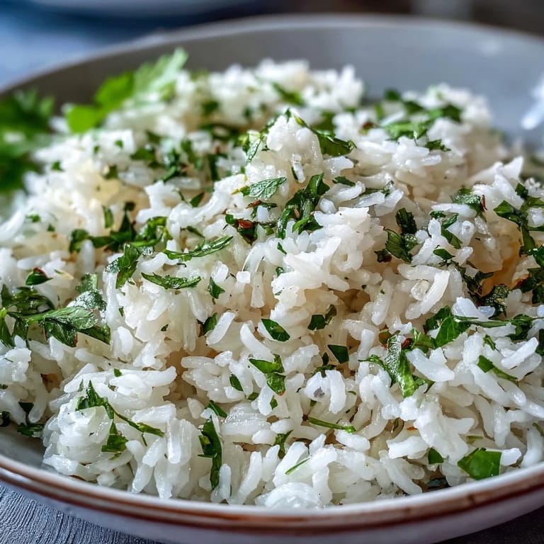 Cilantro Lime Rice in a white bowl next to grilled chicken and lime wedges for serving.  