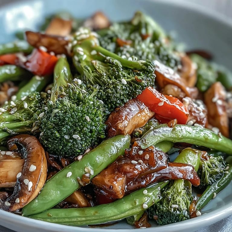 Tossed Ginger Stir-Fried Vegetables with colorful peppers and snap peas, sprinkled with sesame seeds over steamed rice.