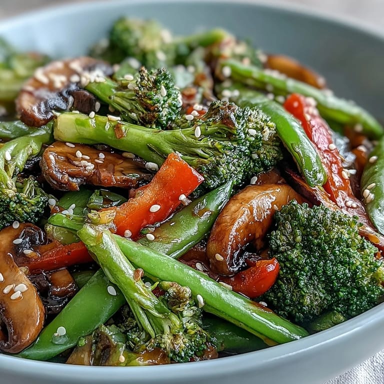 Hot skillet of Ginger Stir-Fried Vegetables releasing steam, with sliced mushrooms and green onions on a rustic table.